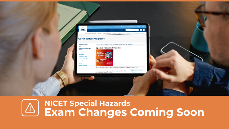 Two people looking at the NICET website on a tablet. Text overlay reads NICET Special Hazards - Exam Changes Coming Soon