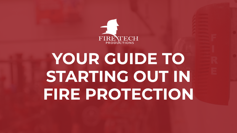 A red-washed blurry image of a fire sprinkler lab with a text overlay that reads: "Your guide to starting out in fire protection."